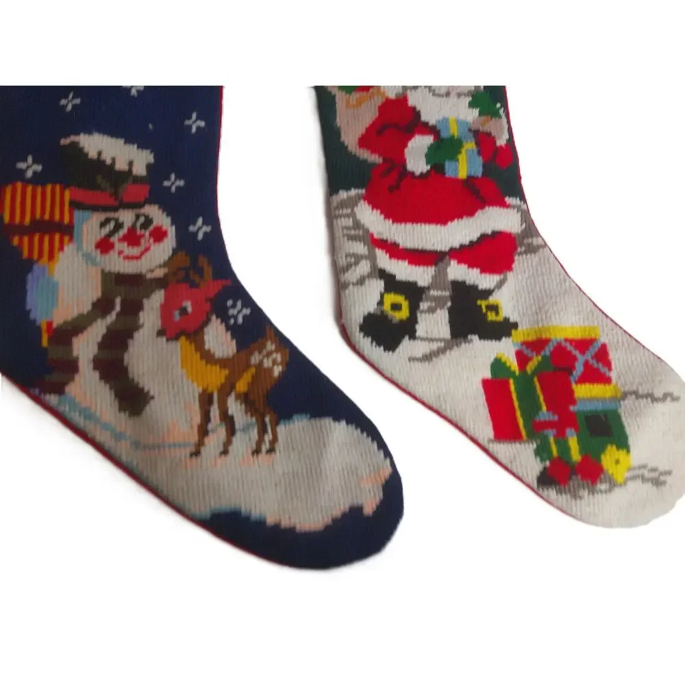 Vintage Needlepoint Christmas Stockings Santa & Snowman Set